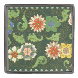 Antique Chinese Cloisonne Pattern: Jade Green Gunmetal Finish Lapel Pin