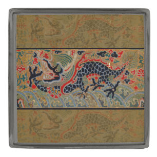Antique Chinese Dragon Silk Embroidery Pattern Gunmetal Finish Lapel Pin