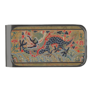 Antique Chinese Dragon Silk Embroidery Pattern Gunmetal Finish Money Clip
