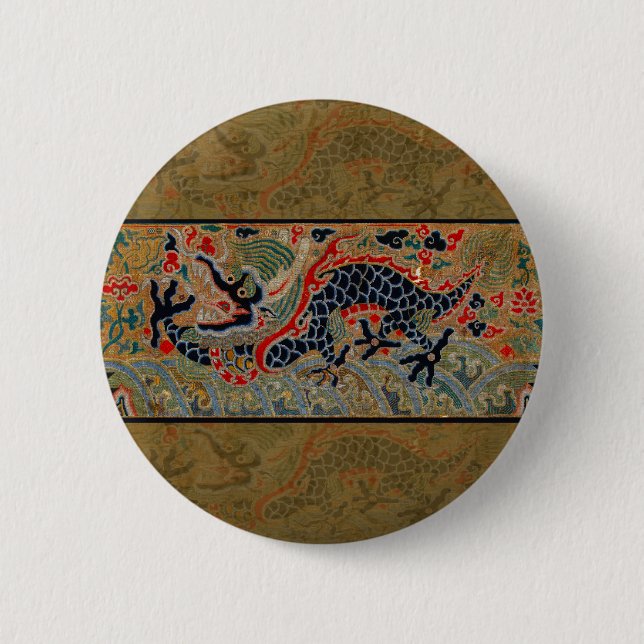 Antique Chinese Dragon Silk Embroidery Pattern Pinback Button (Front)