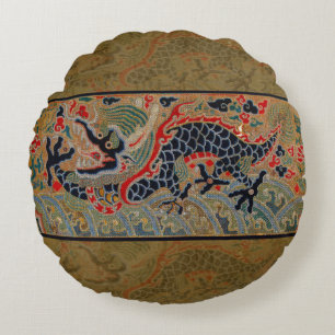 Antique Chinese Dragon Silk Embroidery Pattern Round Pillow