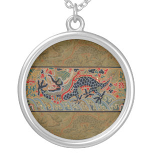 Antique Chinese Dragon Silk Embroidery Pattern Silver Plated Necklace