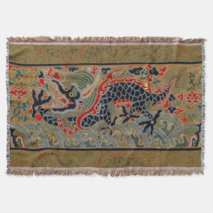Antique Chinese Dragon Silk Embroidery Pattern Throw Blanket