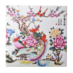 Antique Chinese Floral Birds White Chinoiserie Ceramic Tile