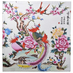 Antique Chinese Floral Birds White Chinoiserie  Cloth Napkin