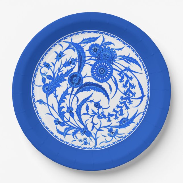 Antique Chinese Jacobean Floral - Cobalt Blue Paper Plates (Front)
