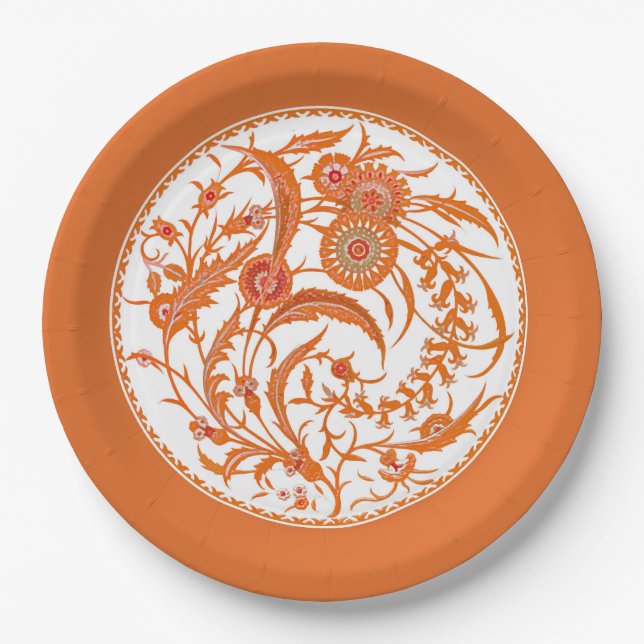 Antique Chinese Jacobean Floral - Mandarin Orange  Paper Plates (Front)