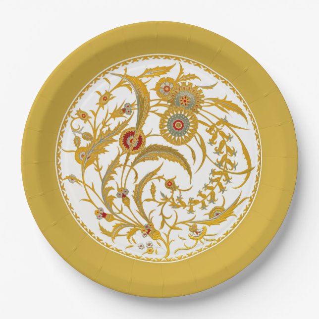 Antique Chinese Jacobean Floral - Mustard Gold Paper Plates (Front)