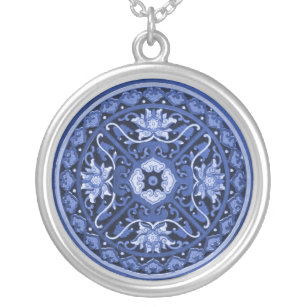 Antique Chinese Mandala Blue & White Flower Silver Plated Necklace