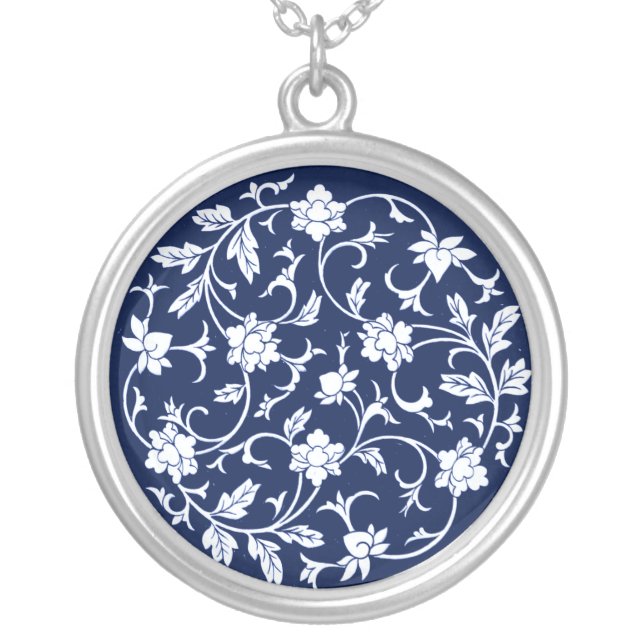 Antique Chinese Mandala Flowers Blue and White Silver Plated Necklace (Front)