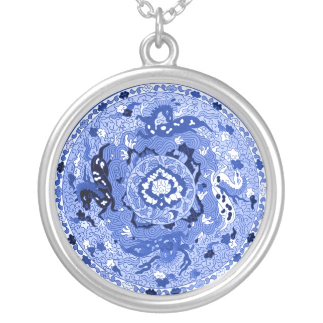 Antique Chinese Mandala Horses Blue & White Silver Plated Necklace (Front)