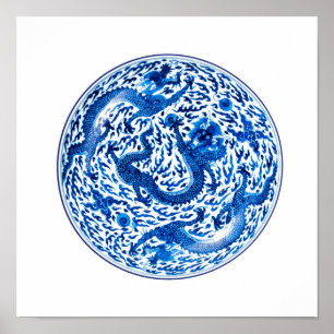 Antique Chinese Plate, Cobalt Blue Dragons Poster