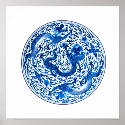 Antique Chinese Plate Cobalt Blue Dragons Poster