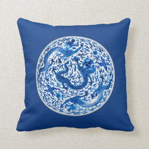 Antique Chinese Plate, Cobalt Blue Dragons Throw Pillow
