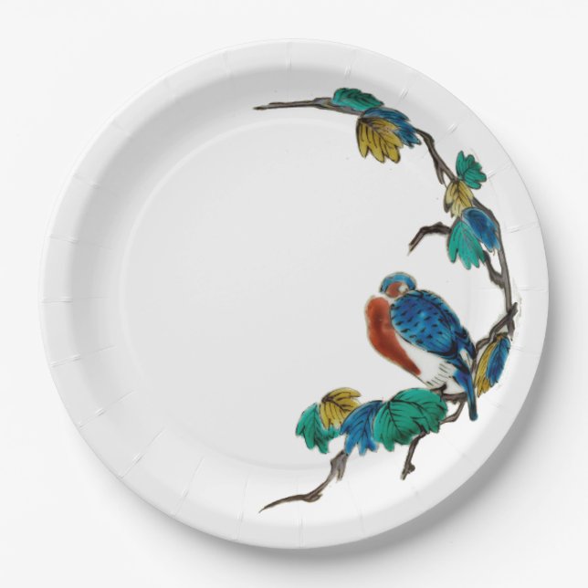 Antique Chinese porcelain botanical bird Spring Paper Plates (Front)
