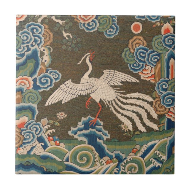 Antique Chinese White Bird Silk Embroidery Print Ceramic Tile (Front)