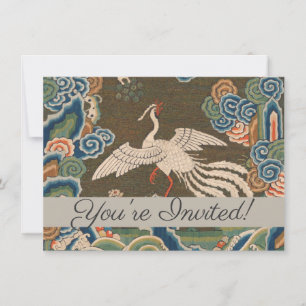 Antique Chinese White Bird Silk Embroidery Print Invitation