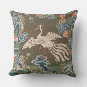Antique Chinese White Bird Silk Embroidery Print Outdoor Pillow