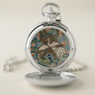 Antique Chinese White Bird Silk Embroidery Print Pocket Watch