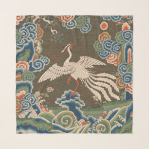 Antique Chinese White Bird Silk Embroidery Print Scarf