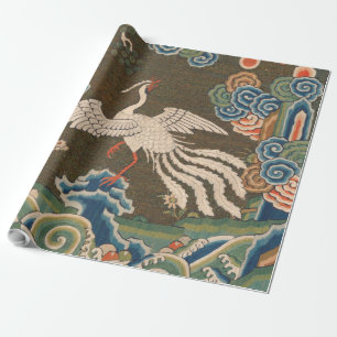 Antique Chinese White Bird Silk Embroidery Print Wrapping Paper