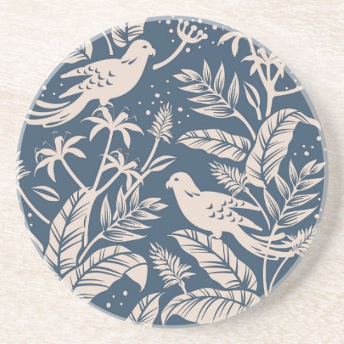 Antique Chinoiserie Bird Floral Blue Gray  Ivory Coaster