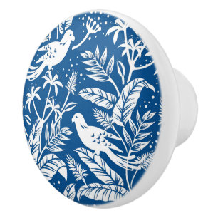 Antique Chinoiserie Bird Floral Blue & White Ceramic Knob