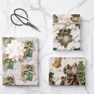 Antique Christmas Angels Bells Santa Children Wrapping Paper Sheets