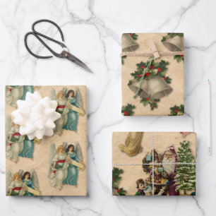 Antique Christmas Angels Bells Santa Parchment Wrapping Paper Sheets