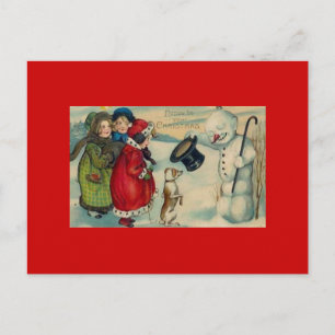 Antique Christmas Card On Red Background Postcard