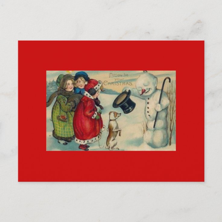 Antique Christmas Card On Red Background Postcard | Zazzle
