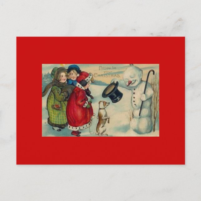 Antique Christmas Card On Red Background Postcard (Front)