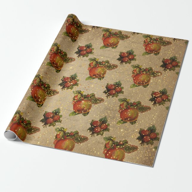 Antique Christmas Fruits Red Merry Christmas Gold Wrapping Paper (Unrolled)