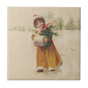 Antique Christmas Girl Winter Child Ceramic Tile