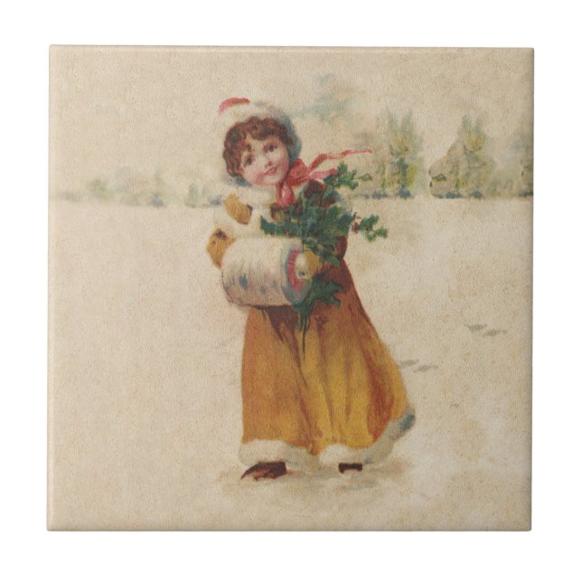 Antique Christmas Girl Winter Child Ceramic Tile (Front)