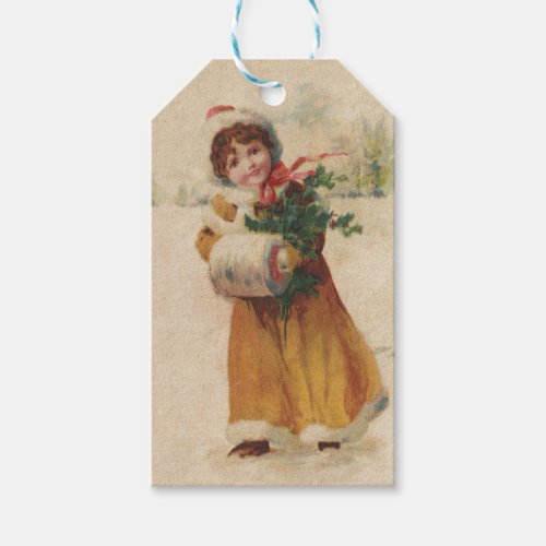 Antique Christmas Girl Winter Child Gift Tags