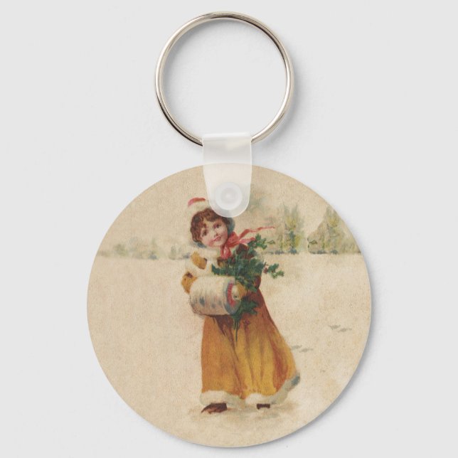 Antique Christmas Girl Winter Child Keychain (Front)