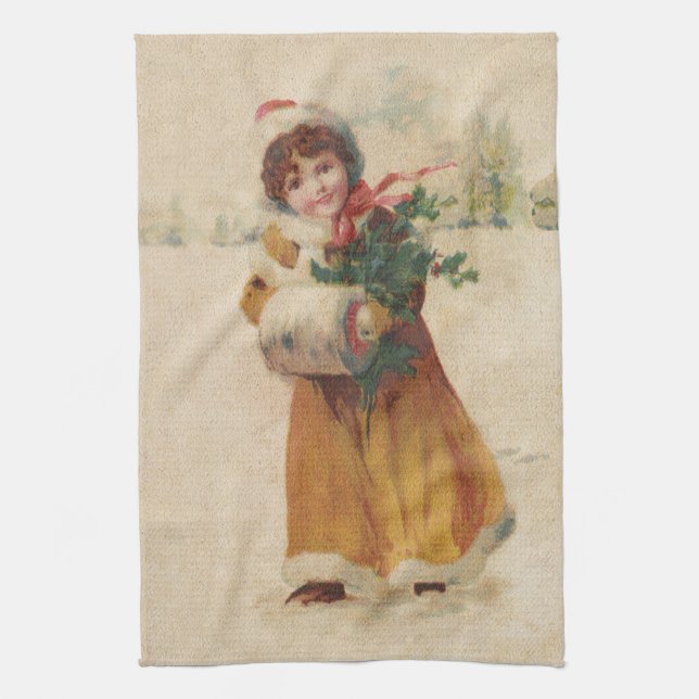 Antique Christmas Girl Winter Child Kitchen Towel (Vertical)