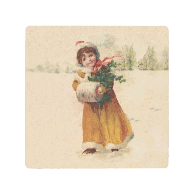 Antique Christmas Girl Winter Child Metal Print (Front)