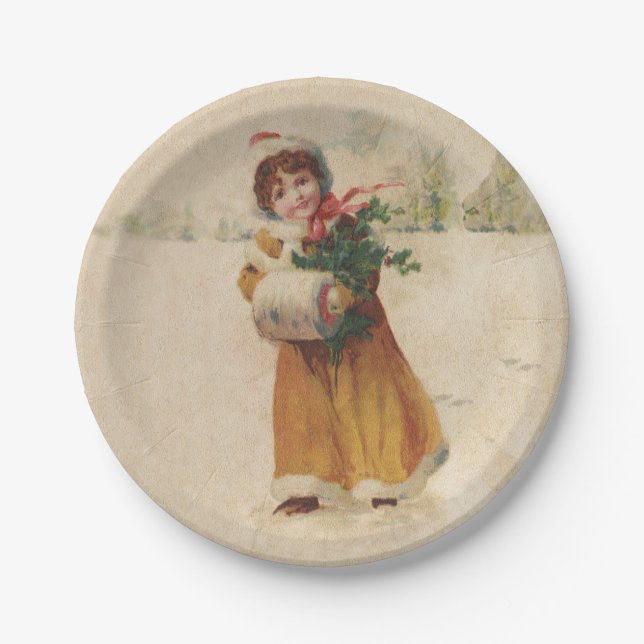 Antique Christmas Girl Winter Child Paper Plates (Front)