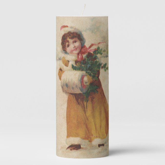 Antique Christmas Girl Winter Child Pillar Candle (Front)