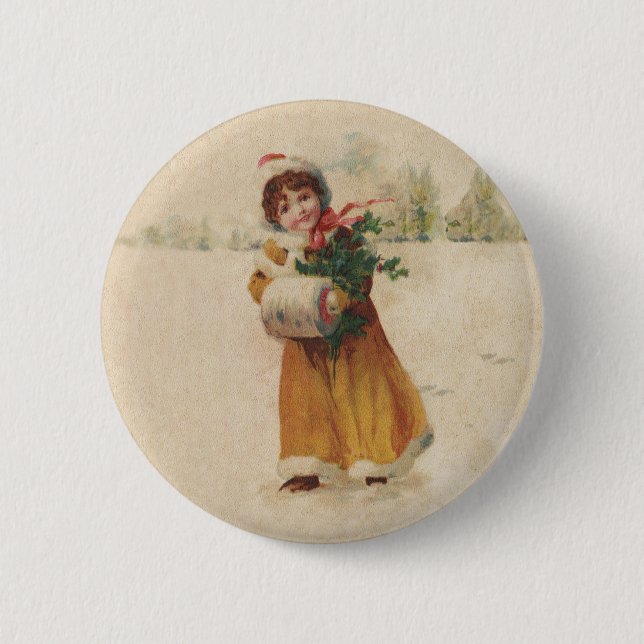 Antique Christmas Girl Winter Child Pinback Button (Front)
