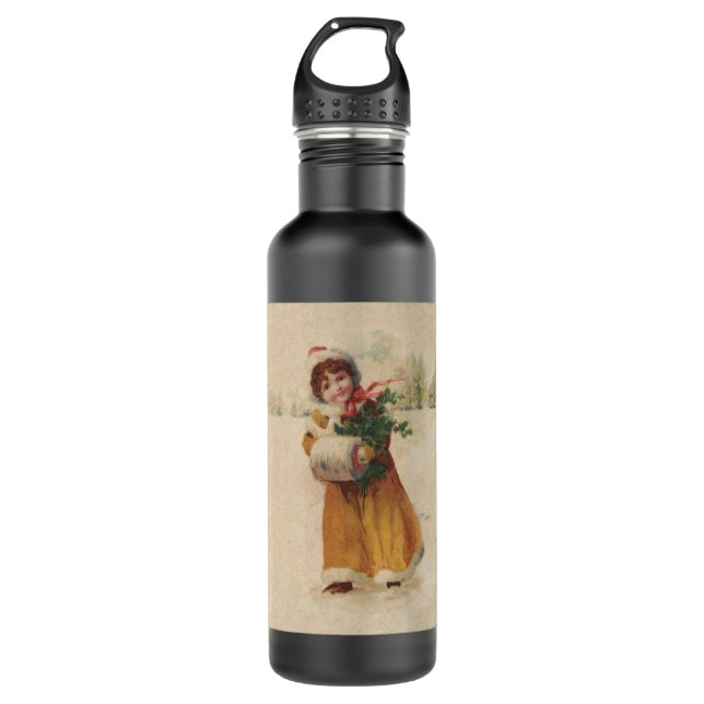 Antique Christmas Girl Winter Child Stainless Steel Water Bottle (Front)