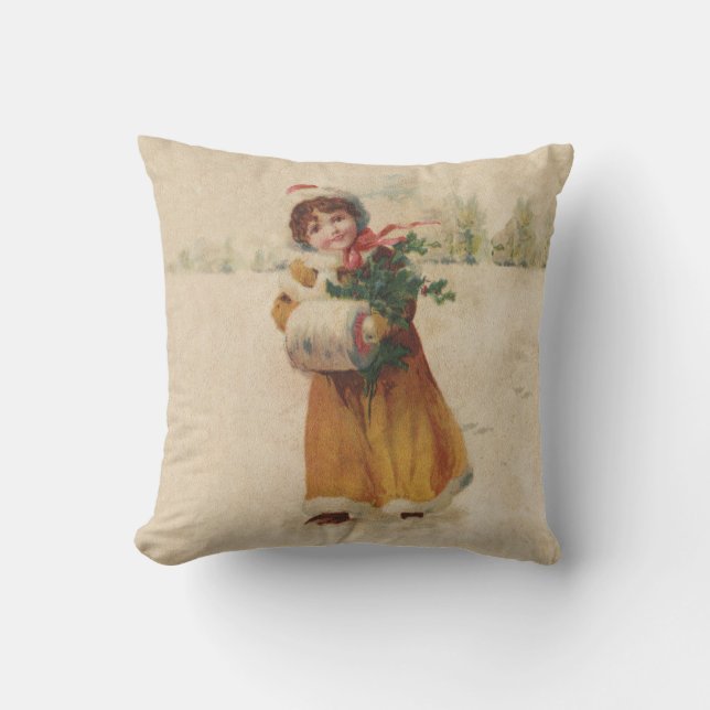 Antique Christmas Girl Winter Child Throw Pillow (Front)