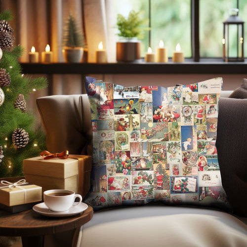 Antique Christmas Holiday Greeting Cards Pattern Throw Pillow
