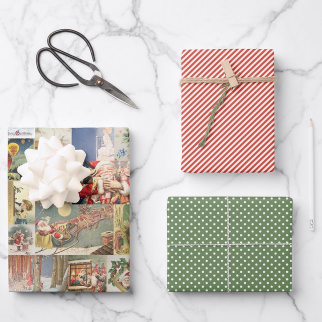 Antique Christmas Holiday Greeting Cards Pattern Wrapping Paper Sheets (Front)