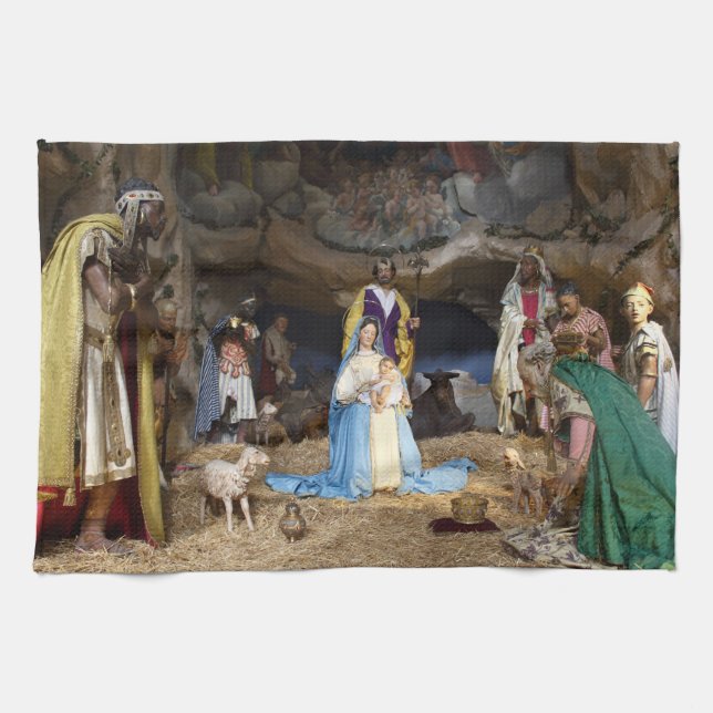 Antique Christmas Nativity Scene Kitchen Towel (Horizontal)