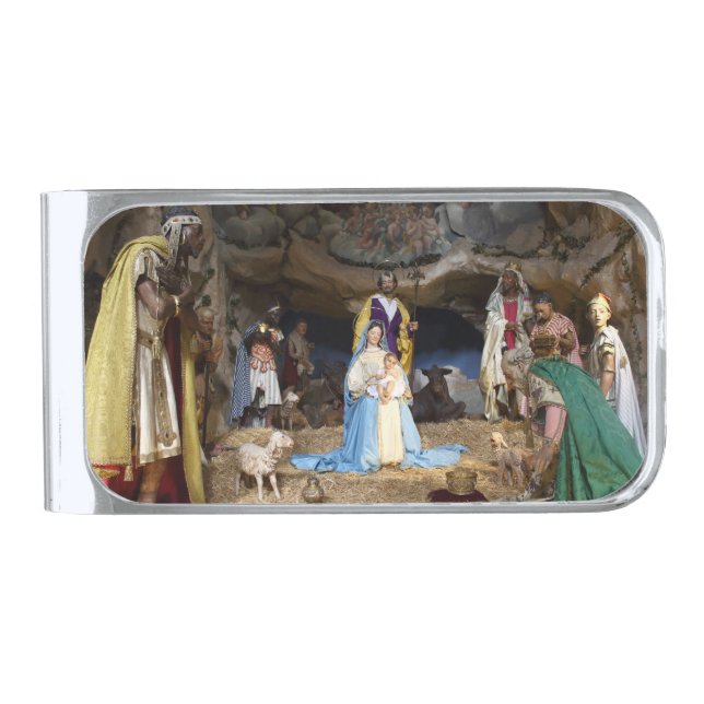 Antique Christmas Nativity Scene Silver Finish Money Clip (Front)