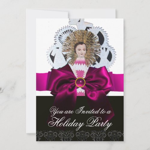 Antique Christmas Paper Carving with Pink Bow Invitation