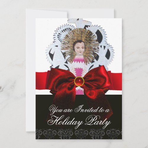Antique Christmas Paper Carving with Red Bow Invitation